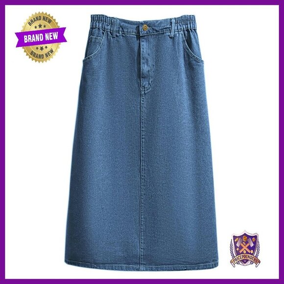 Dresses & Skirts - Elastic Waist Midi Denim Skirt with Pockets A-Line Flare